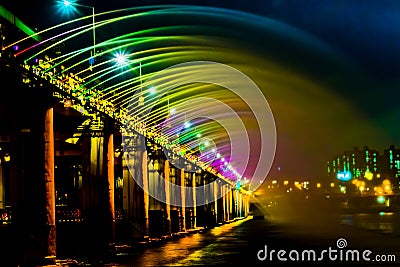 Banpo Bridge Rainbow Fountain in Seoul Stock Photo